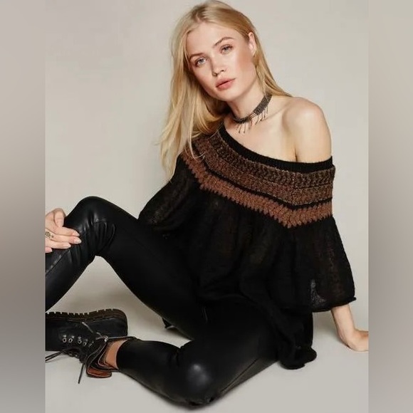 Free People wool linen blend off the shoulder sweater shawl medium Aztec fall - Picture 1 of 5